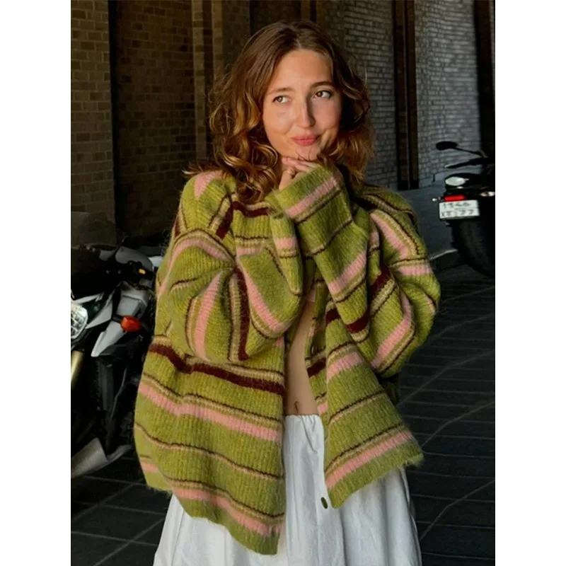 

Striped Knit Women's Short Cardigan Single Breasted Fashion O-neck Long Sleeve Loose Autumn Female Sweet Soft Sweaters Tops