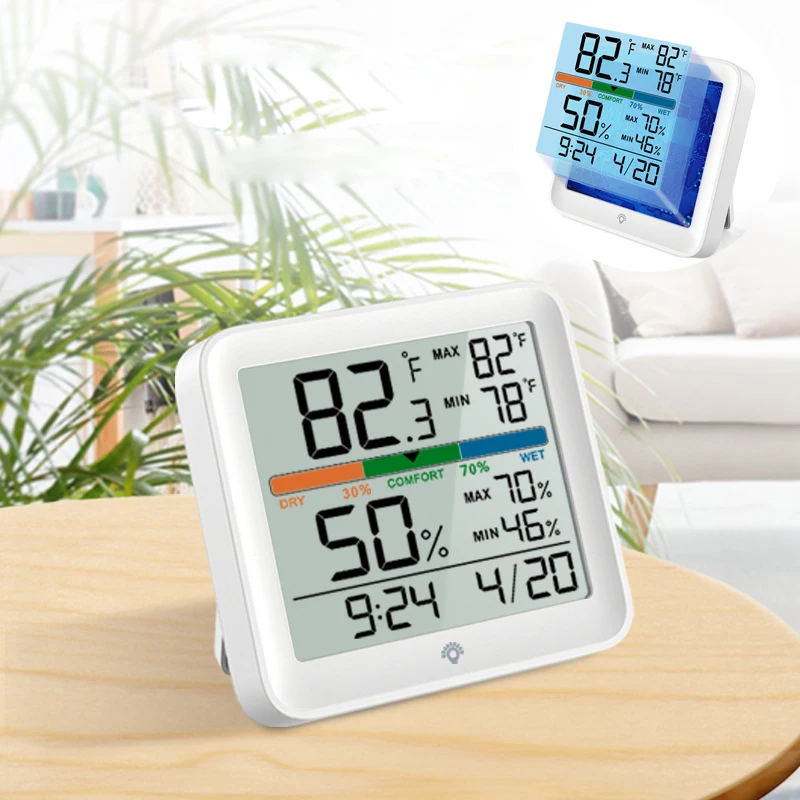 

New Digital Touch Temperature Humidity Meter Clock Indoor Household Thermometer Hygrometer With LCD Backlight Display