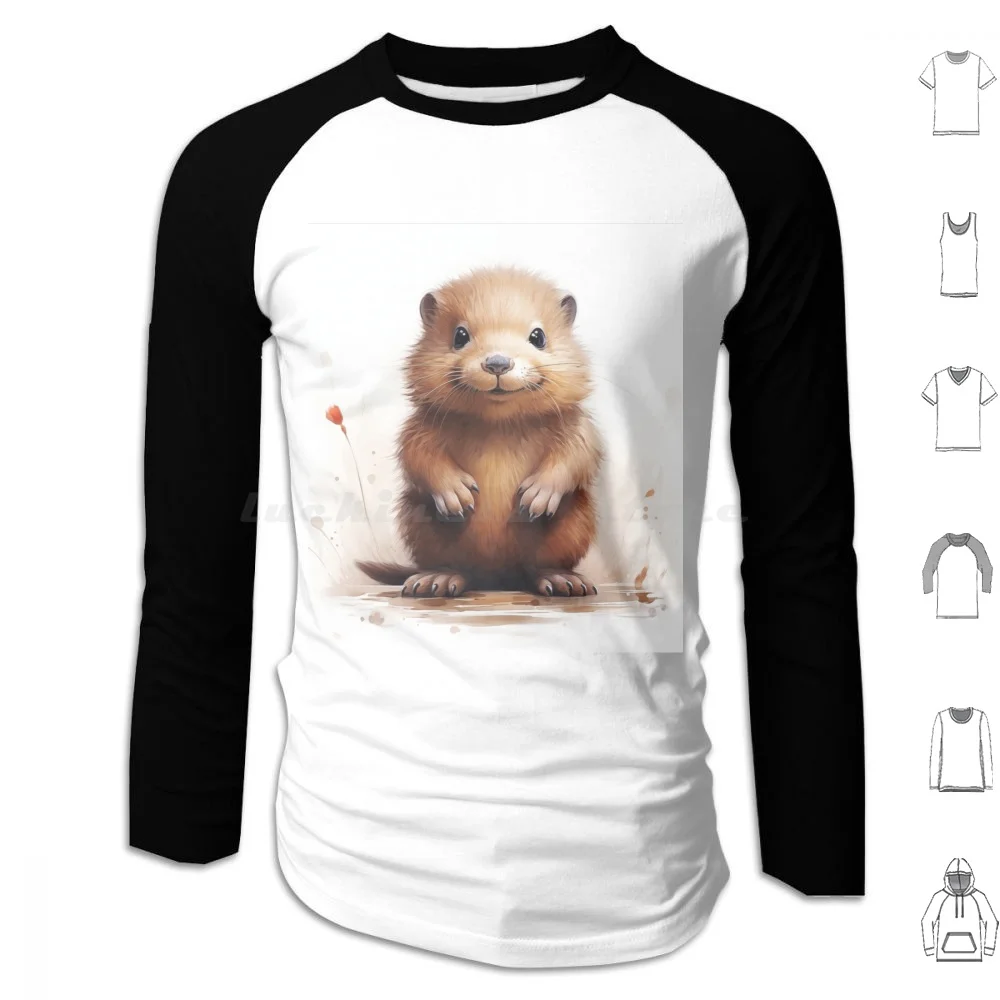 Adorable Illustrated Beaver On Light Background Hoodie cotton Long Sleeve Beaver Cute Animal Adorable Brush Art Pet