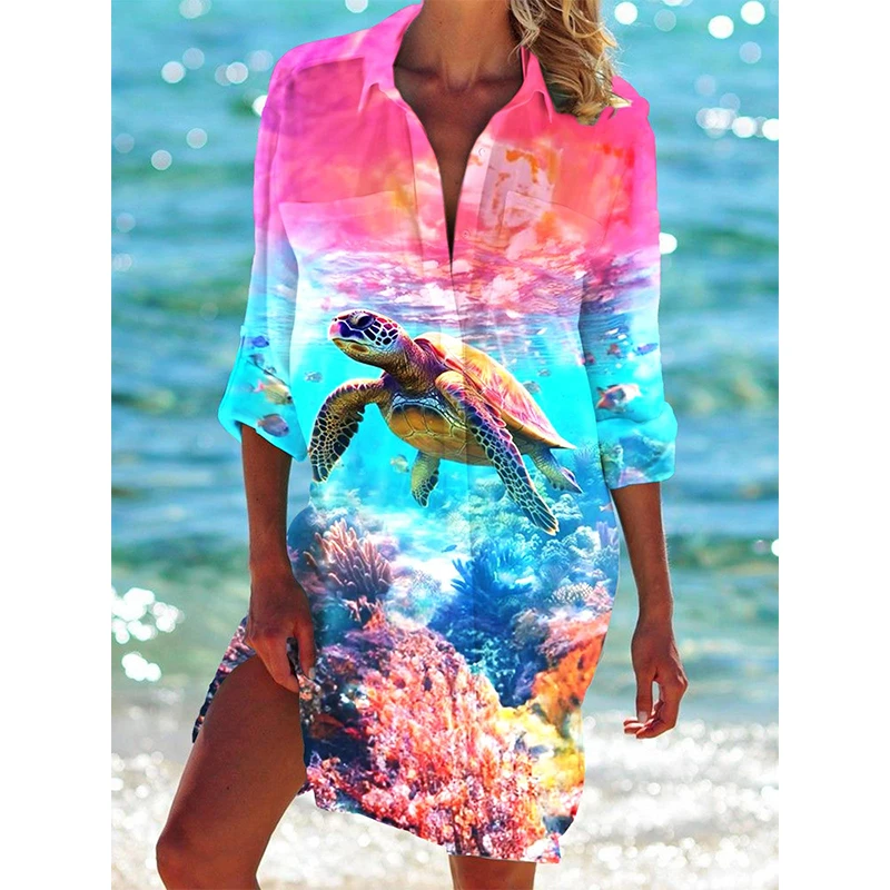 Turtle-pattern 3D printed beach top for summer, women's long-sleeved mid-length shirt, button-up top, blouse, women's clothing