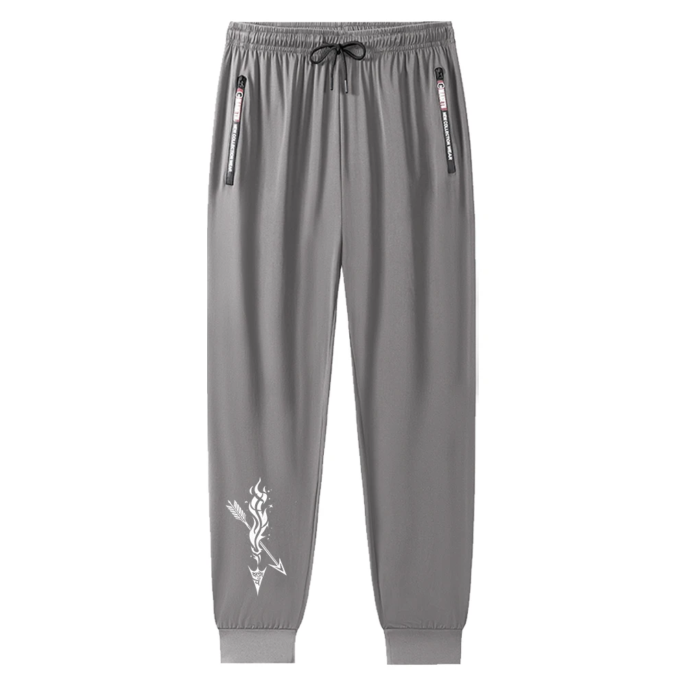 Men's Ice Silk Joggers Flaming Arrow Print Sweatpants Streetwear Casual Black Tracksuit Pants Summer Thin Trousers Gothic Style