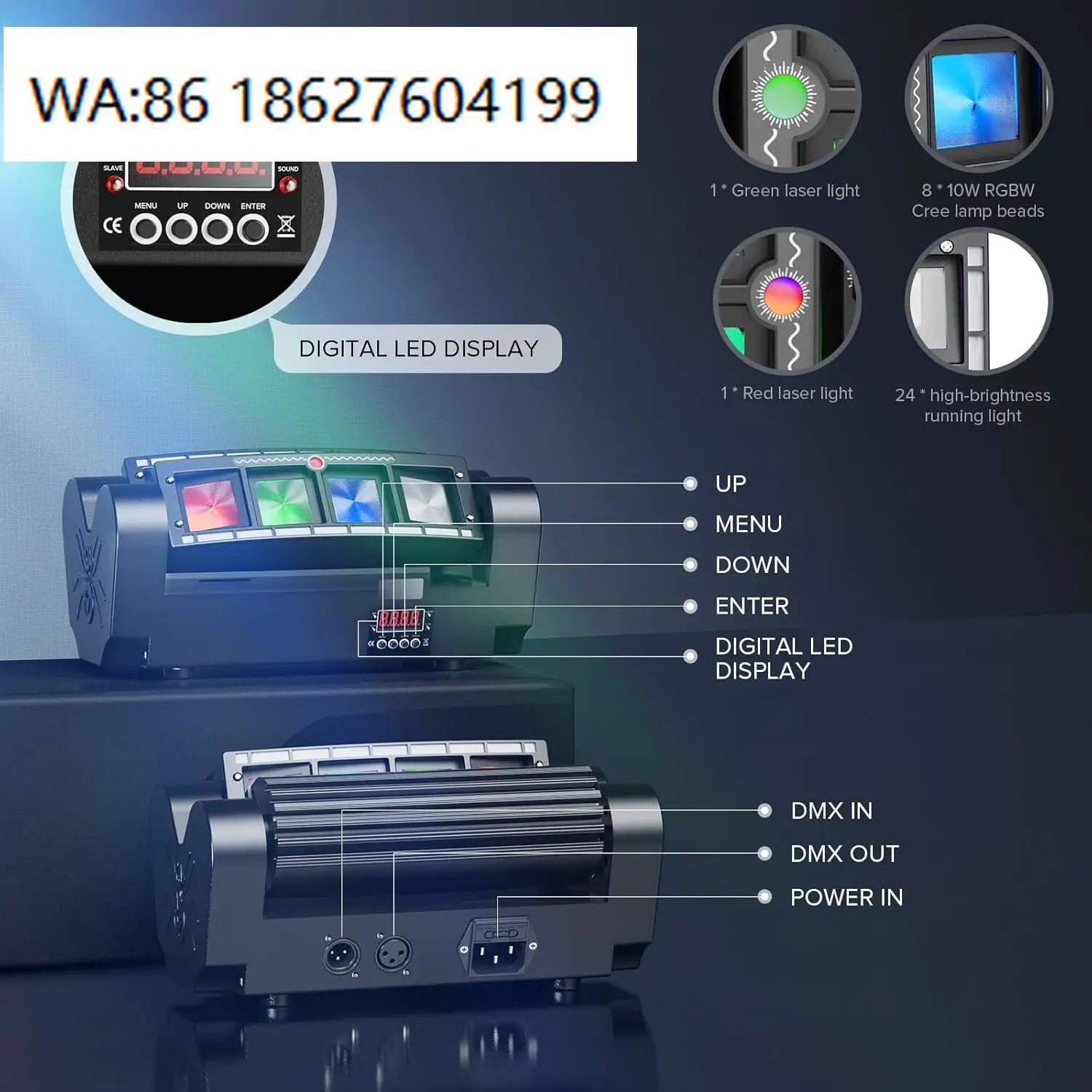 Mini LED Spider Light 8x3W RGBW Moving Head Sound Activated DMX-512 Strobe Beam Lamp for KTV  Party DJ