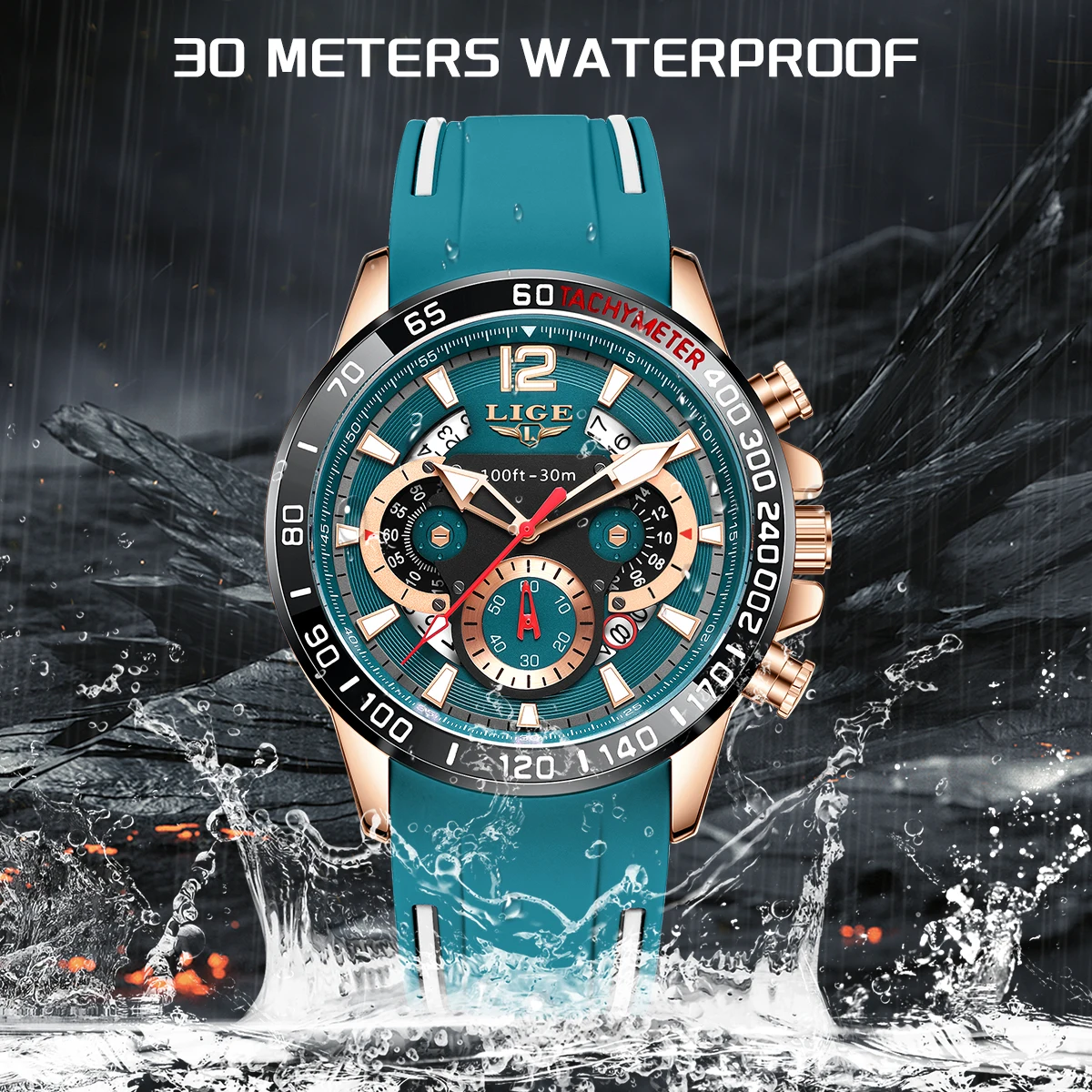 LIGE Men Wristwatch Fashion Luxury Waterproof Sport Stopwatch Quartz Watches Business Wrist Watch for Man Silicone Strap+Box