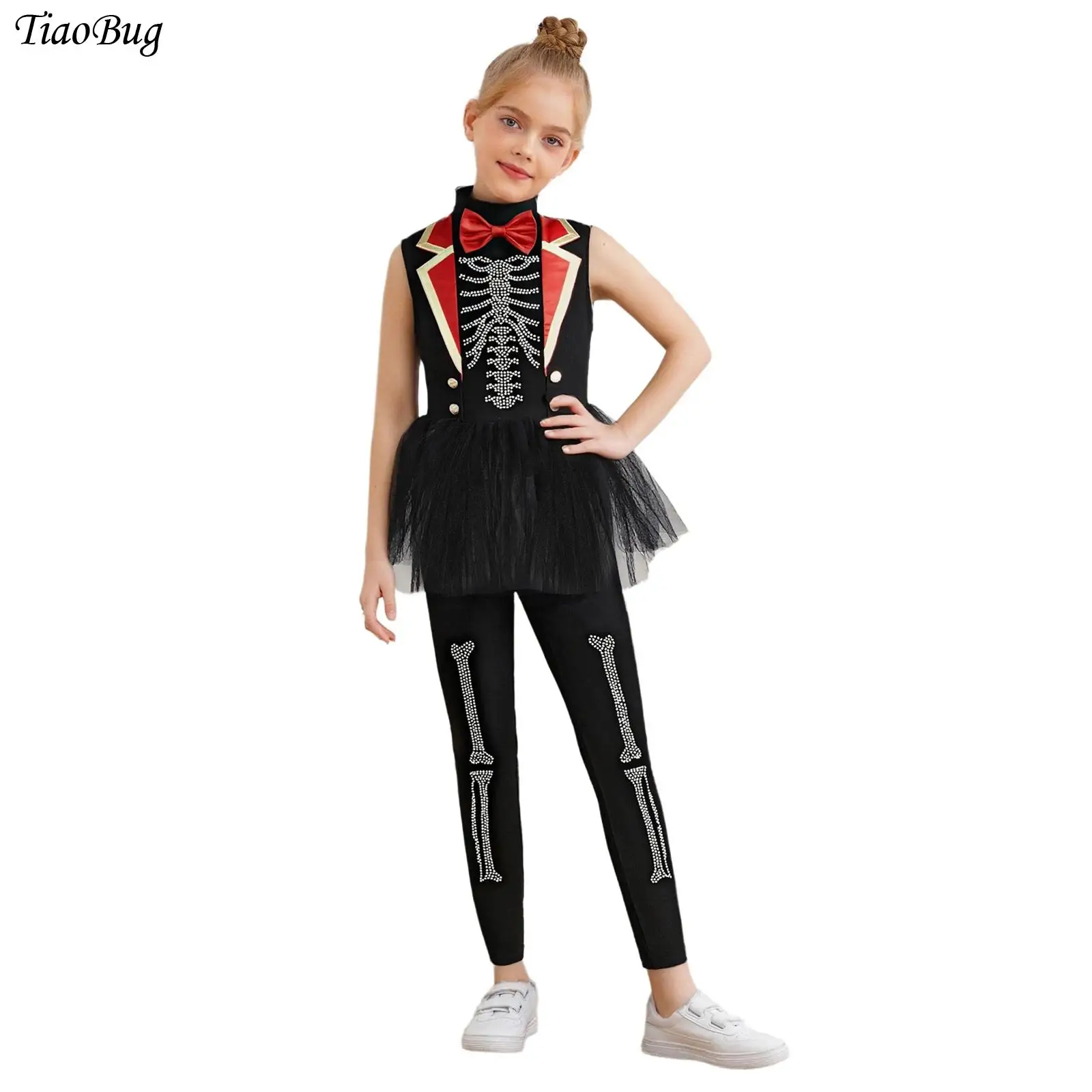 

Girls Jumpsuit Circus Costume Rhinestones Sleeveless Bow Tie Waist Puffy Mesh Overlay Rompers for Halloween Cosplay Themed Party