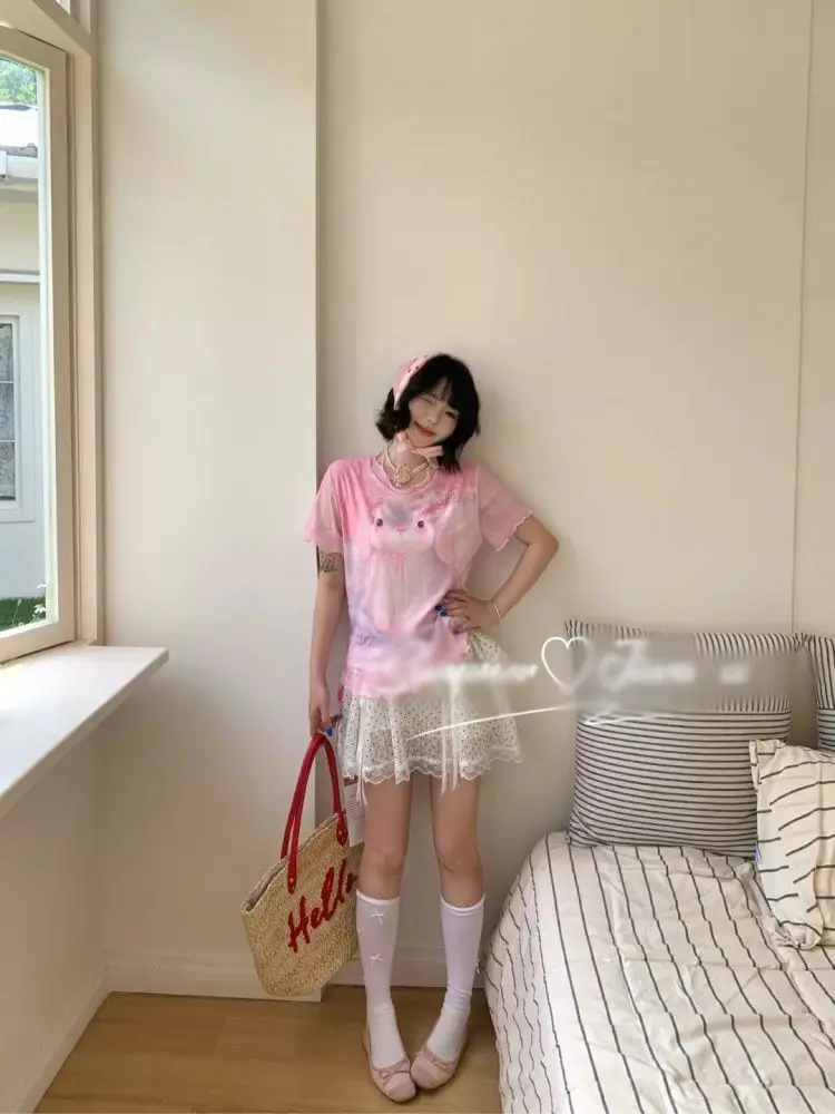 Kawaii Fashion 2026 Summer New Slim Fit Slimming Plaid Two Piece Rabbit Print Short Sleeved T-shirt Women
