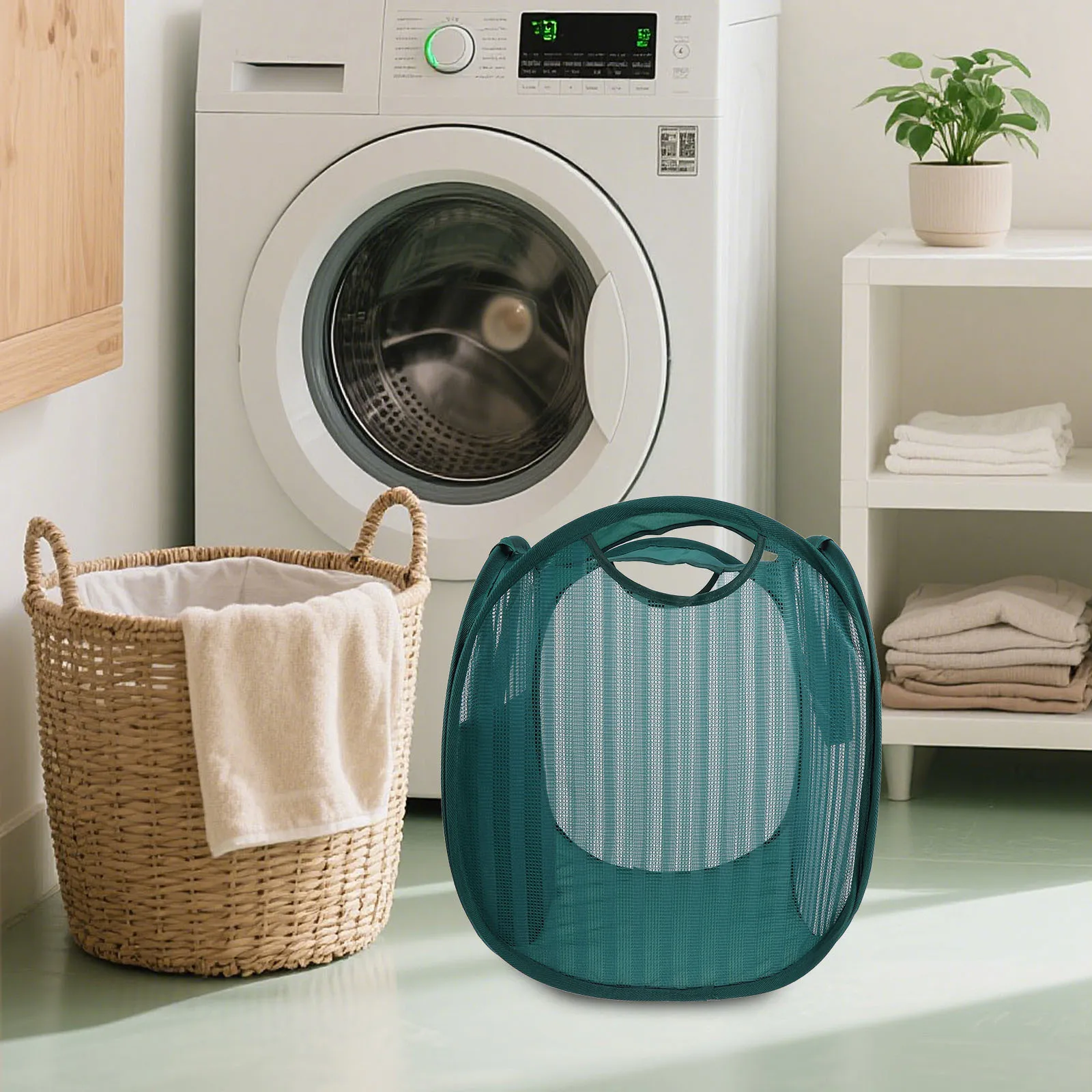 

Folding Mesh Laundry Hamper Portable Breathable Popup Bag with Side Handles Wide Opening Space Saving for Home Dorm Bathroom