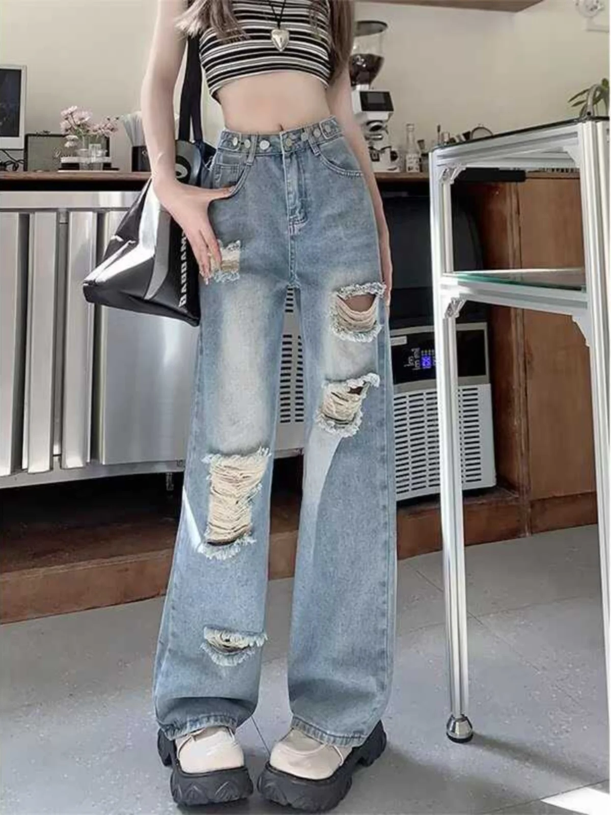 

American Style High Waist Wide Leg Jeans Women's Spring Summer New plus Size Loose Slimming Straight Floor-Length Pants