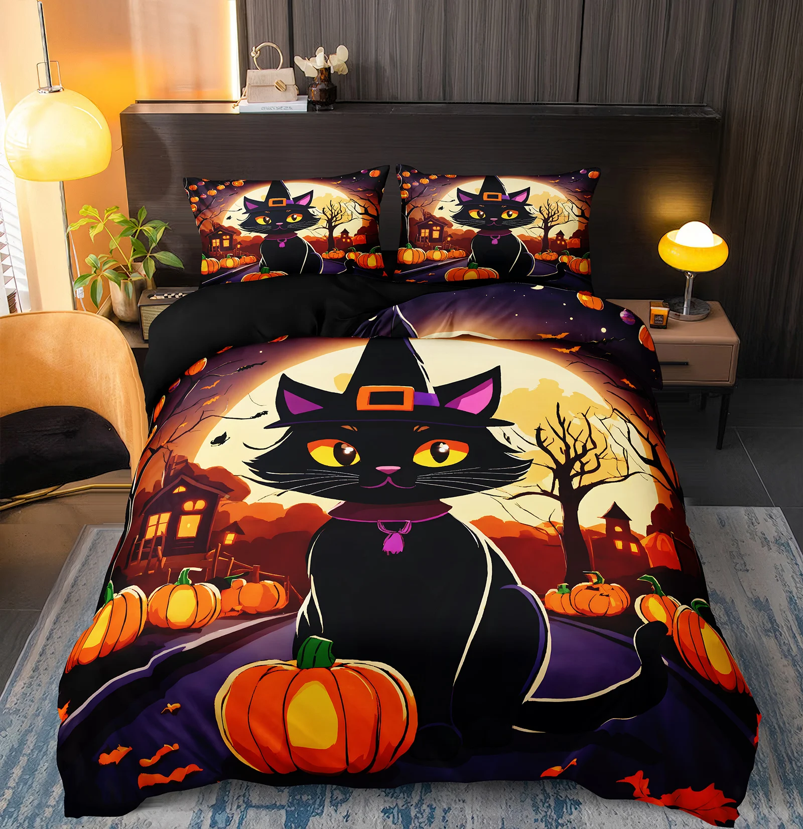 Halloween Witch Duvet Cover Set Black Cat Halloween Bedding Sets Cute Animal Pumpkin Design Ultra Soft Bed Linen Set