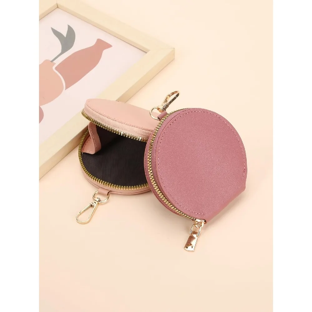1 Pack INS Style Round Mini Coin Purse, Lychee Texture PU Leather Zipper Small Wallet, Portable Keychain Tiny Pouch for Coins Earbuds Lipstick Women Girls Birthday Holiday Gift
