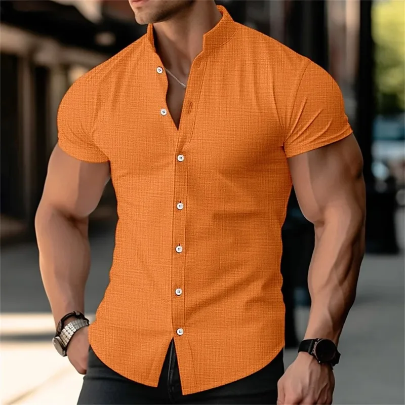 

Men's stand up collar printed shirt solid color short sleeved button linen shirt Hawaii vacation beach breathable shirt