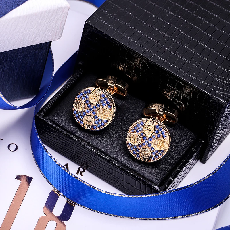 KFLK Cuff Links For Men Retro Round Blue Crystal Cufflinks Shirt Cross Button High Quality Brand Luxury Wedding Guests