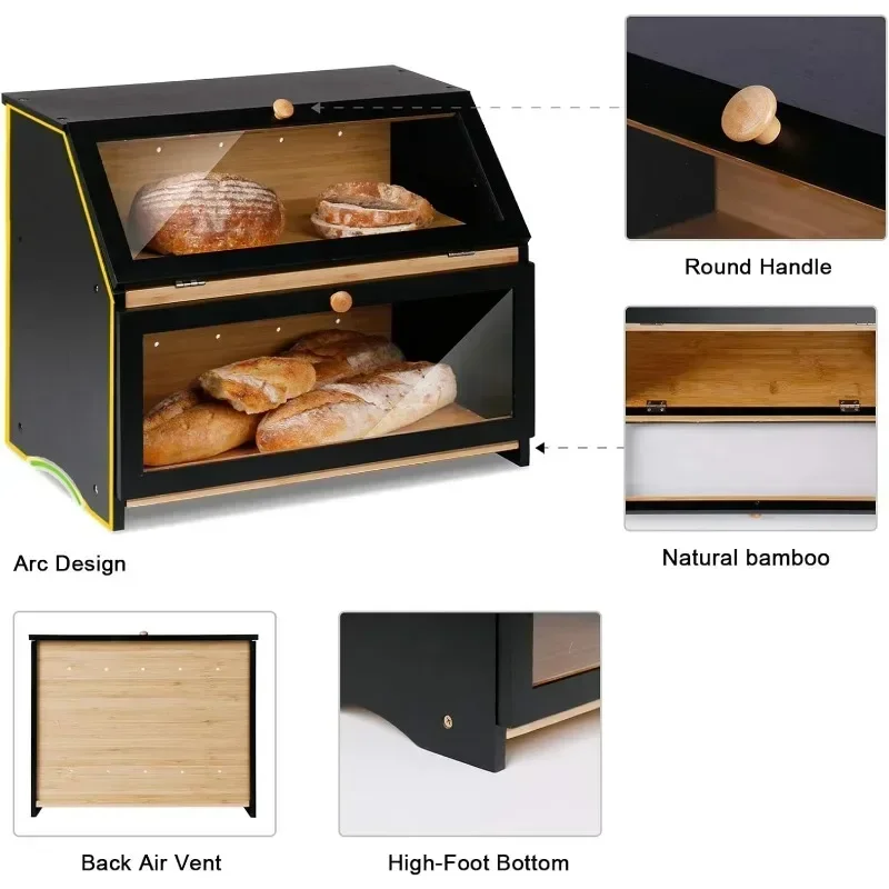 Kitchen Counter Double Layer Large Capacity Storage Bin Container Black Wooden Bamboo Bread Box With Acrylic Window  Air Vents