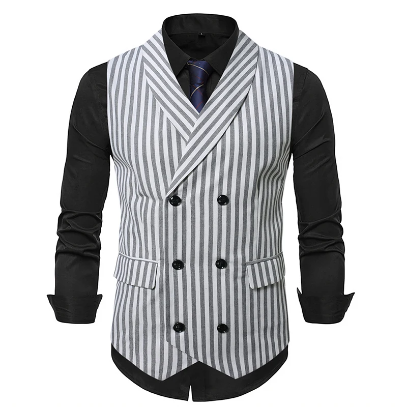 Trendy Slim Fit Mens Waistcoats Spring Casual Turn-down Collar Double-breasted Vest Jacket For Men Autumn Vintage Striped Coats