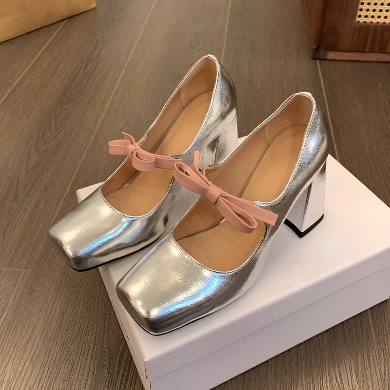 NEW Bow High Heels Shoes Women Square Toe Lolita Shoes 2024 Designer Spring Summer Sandals Chunky Female Zapatillas Pumps