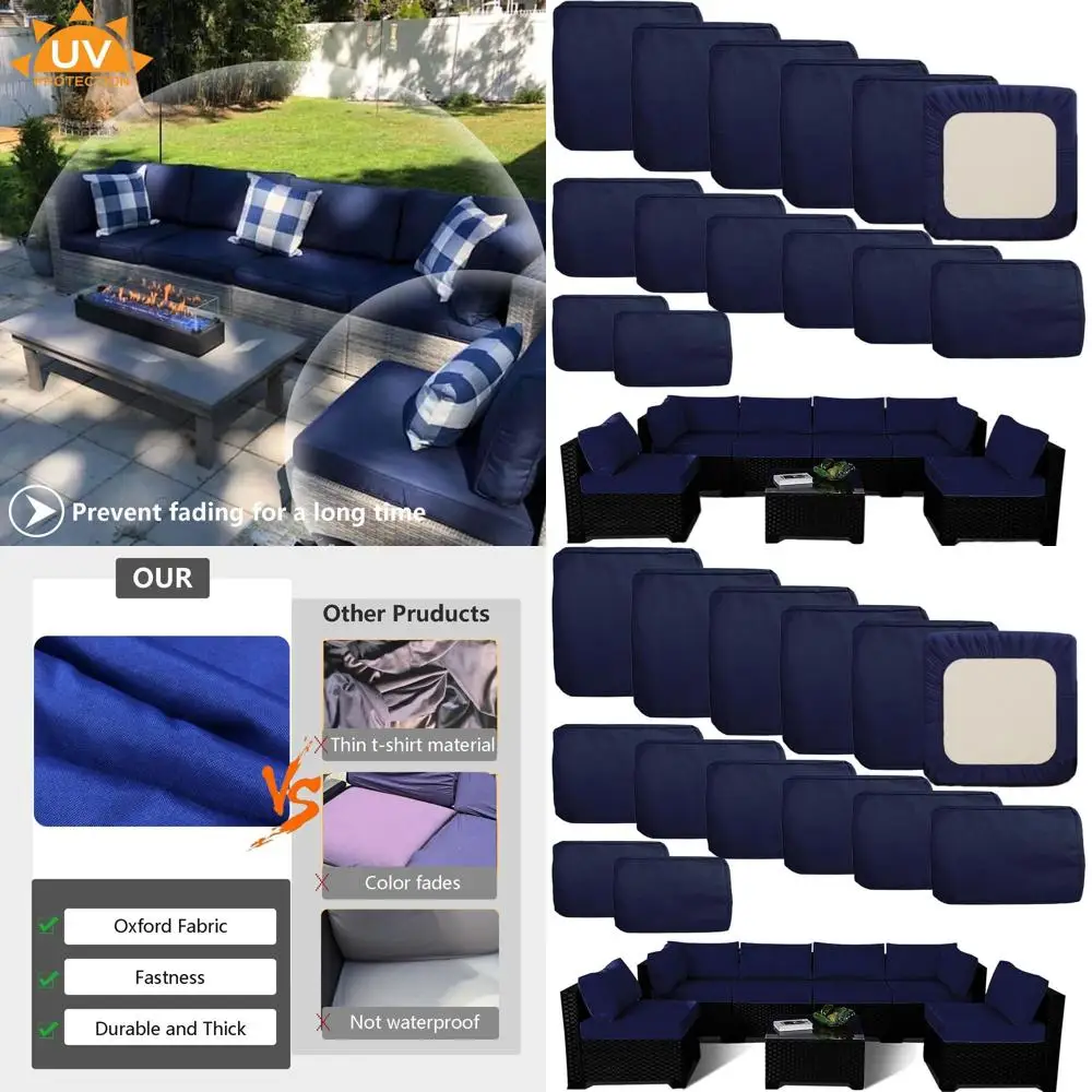 14-Piece Blue Outdoor Sofa Cushion Covers for 6-Seat Wicker Sectional, Seat & Back Slipcovers