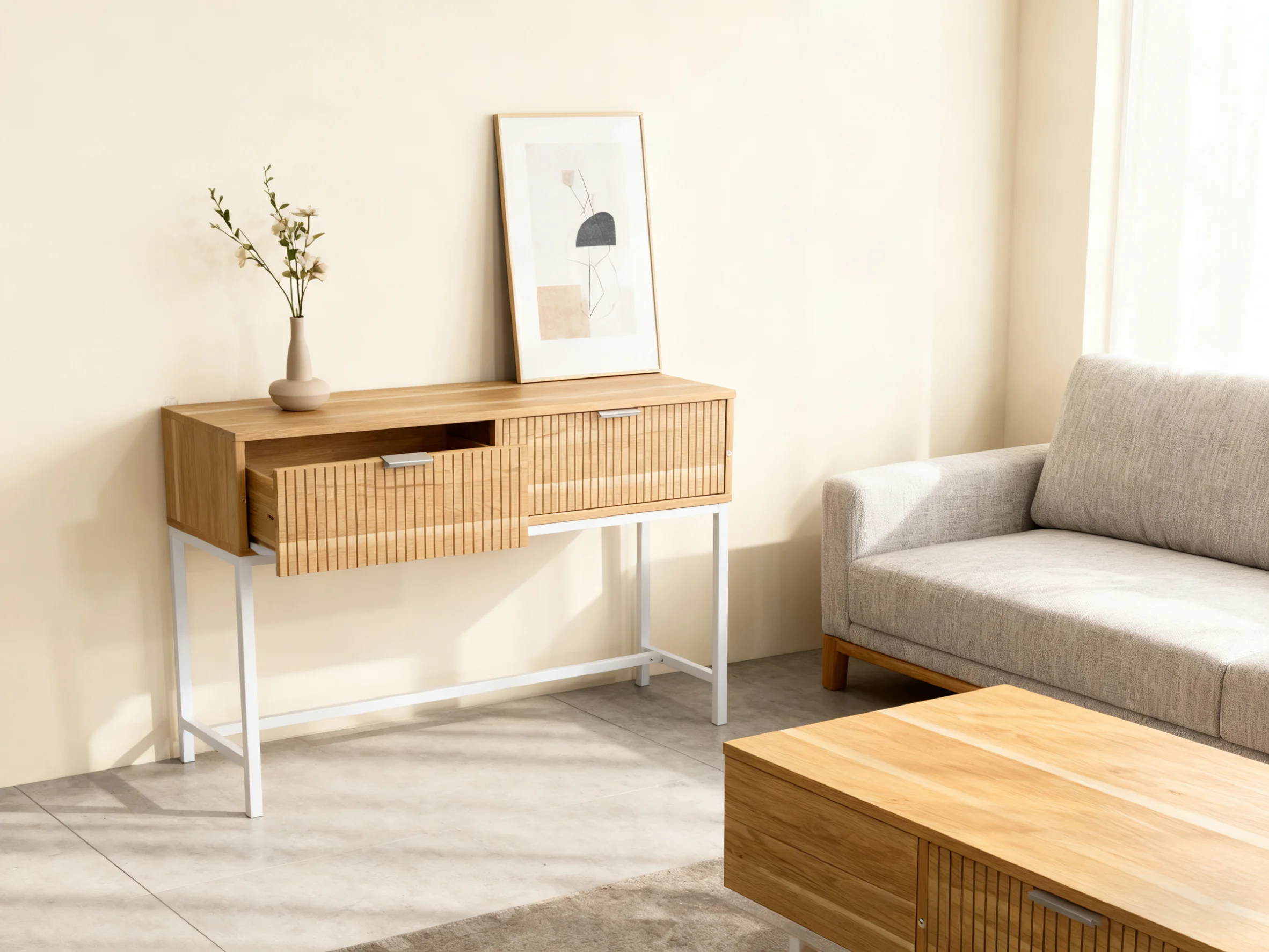 

！@Combohome Modern MDF Console Table with 2 Drawers for Living Room & Bedroom Hotel Use Natural Oak Color Bedside Table for Make