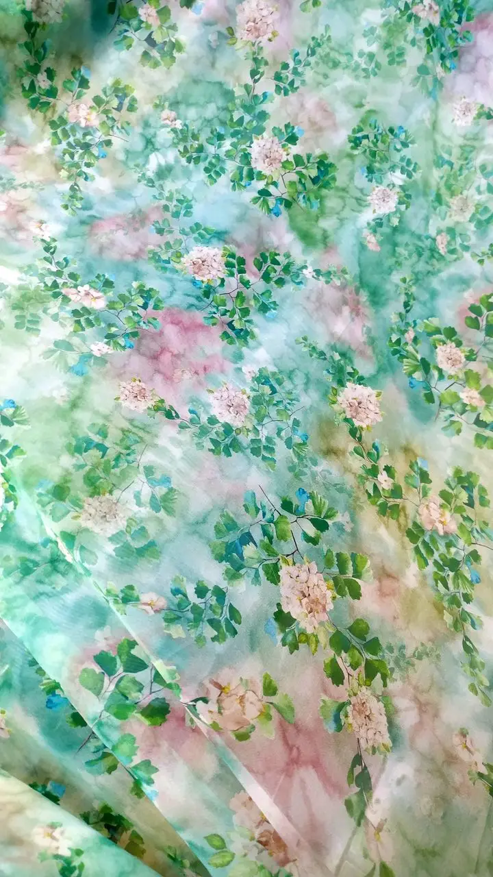 Georgette Real 100% Mulberry Silk Fabric Green Flowers Printed Dresses For Women Couture Materiel Sewing Accessories Wholesale