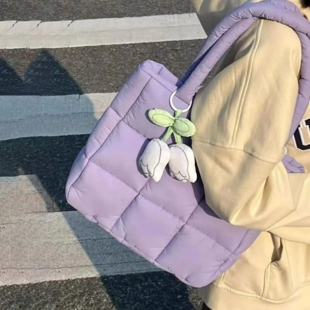New Cotton Down Shoulder Bag Solid Color Large Capacity Tote Bag Fluffy Soft Travel Handbag