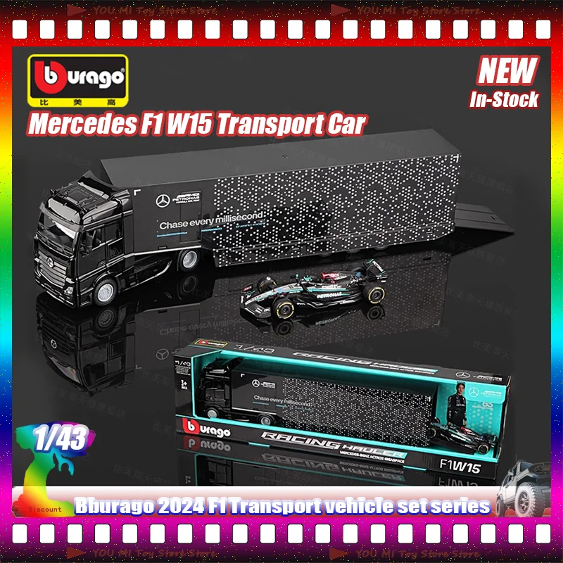 

New Bburago 1:43 Scale F1 Ferrari Sf24 #16 Charles Leclerc Mercedes-Amg W15 #63 George Russell Truck Set Alloy Model Caring Toys