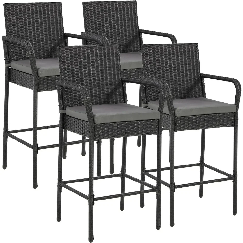 

Patio Wicker Barstools Set of 4, Outdoor Rattan Bar Height Chairs with Armrest & Backrest, Soft Cushion, Footrests,