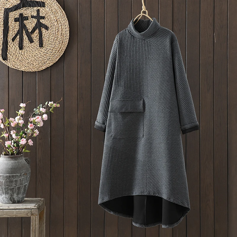 NYFS 2025 خريف شتاء جديد كوريا فساتين امرأة فضفاضة Vestidos رداء Ete فام Elbise الياقة المدورة كم طويل غير النظامية فستان طويل