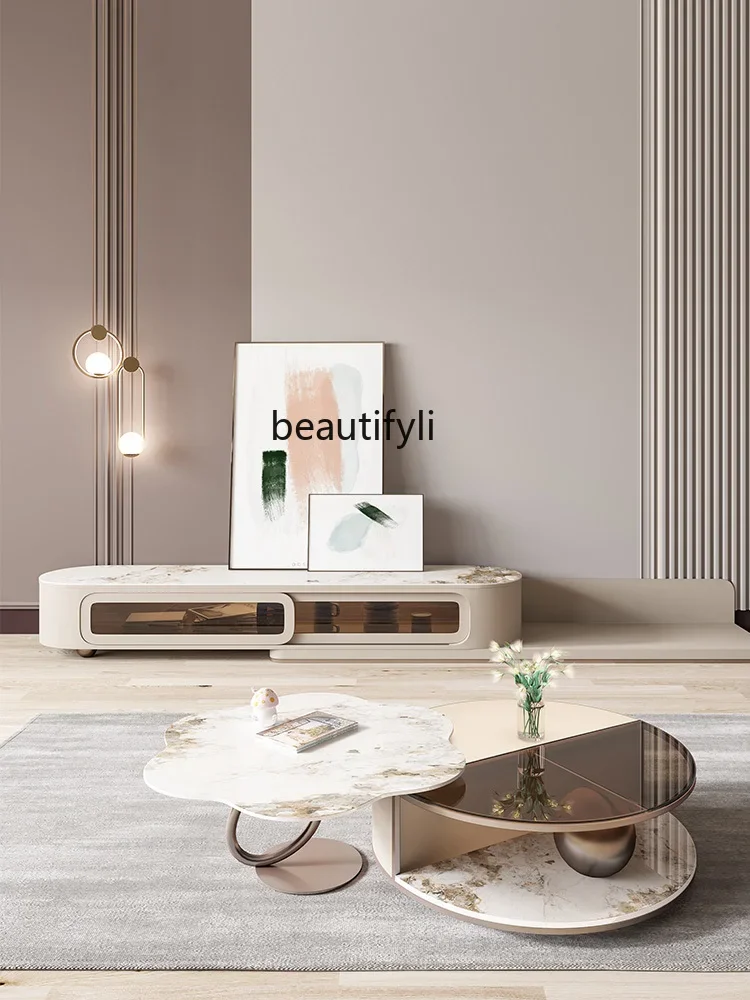 

cn8350 LHY yj Stone Plate Coffee Table TV Cabinet Combination Retractable Living Room Light Luxury Modern round Tea Table