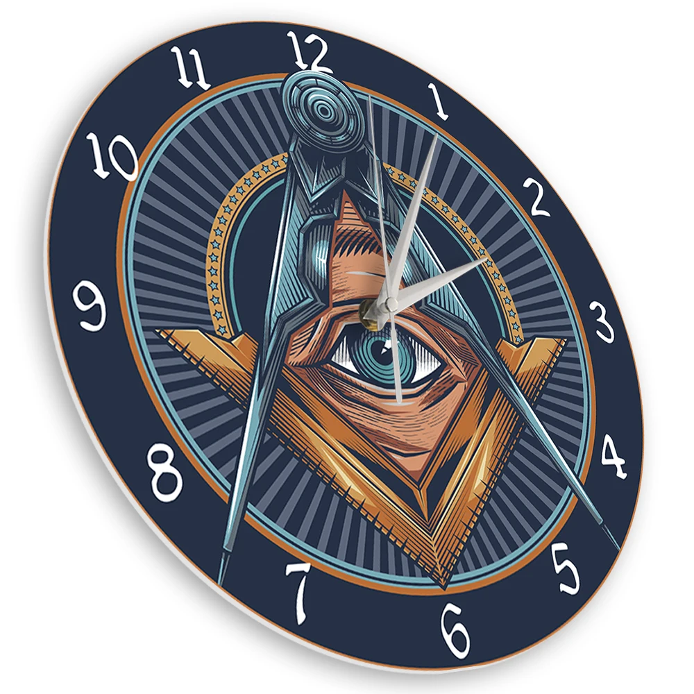 Freemason Masonic Square Compass Symbol Print Wall Clock Freemasonry All Seeing Eye Freemason Artwork Elegant Silent Wall Watch