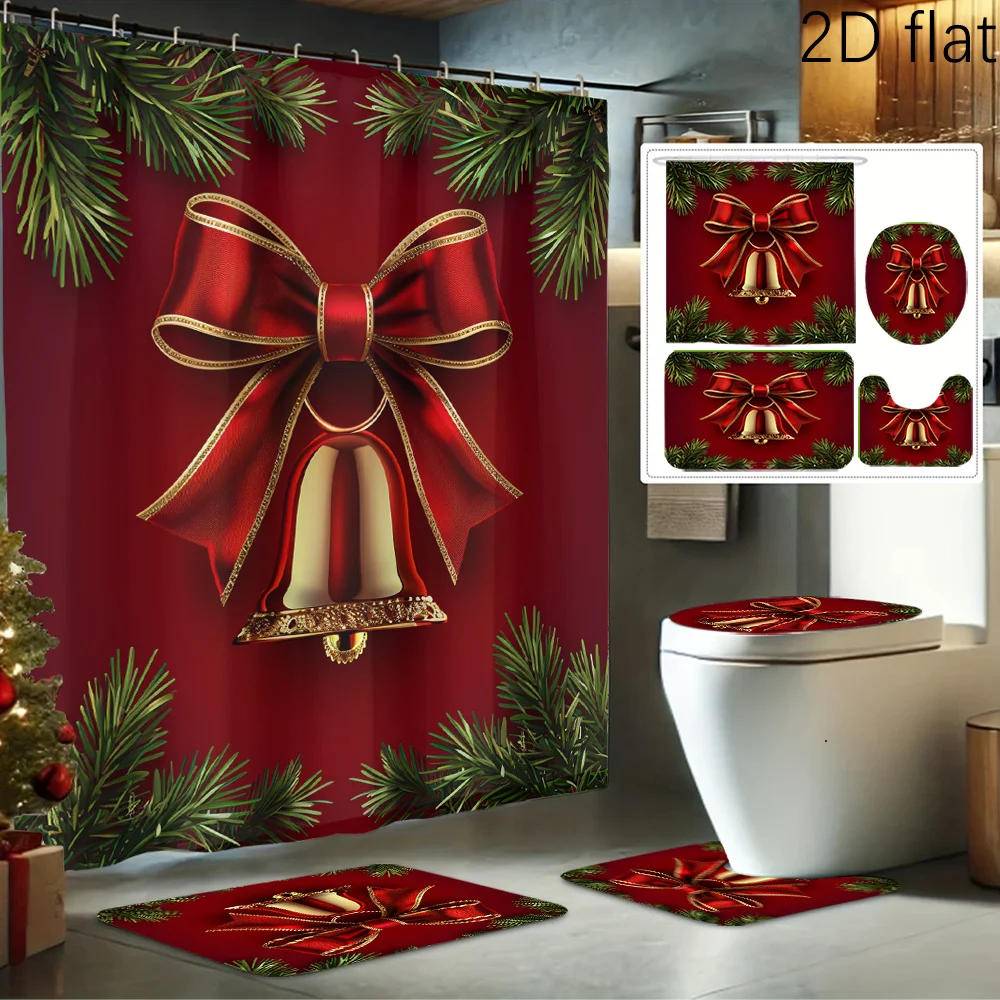 

4pcs Christmas Bell Wishes 2D Flat Printed Shower Curtain Set, Decorating Bathroom Set Includes Shower Curtain, Non-Slip