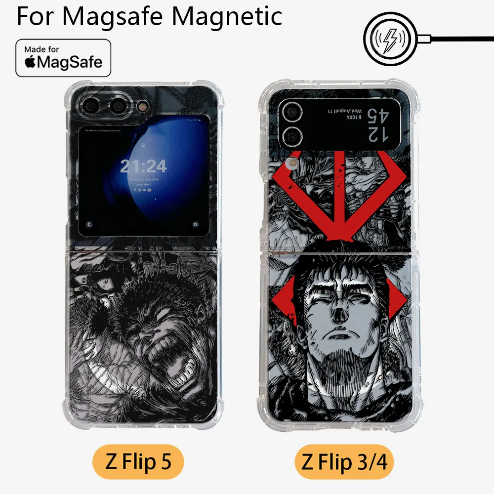 New Anime Berserk Guts Magsafe Magnetic Phone Case for Samsung Galaxy Z Flip 3 4 Z Flip 5 6 Z 5G Soft Transparent Back Cover