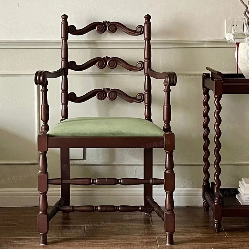 

French retro solid wood dining chair carved log medieval home makeup chair armrest back desk