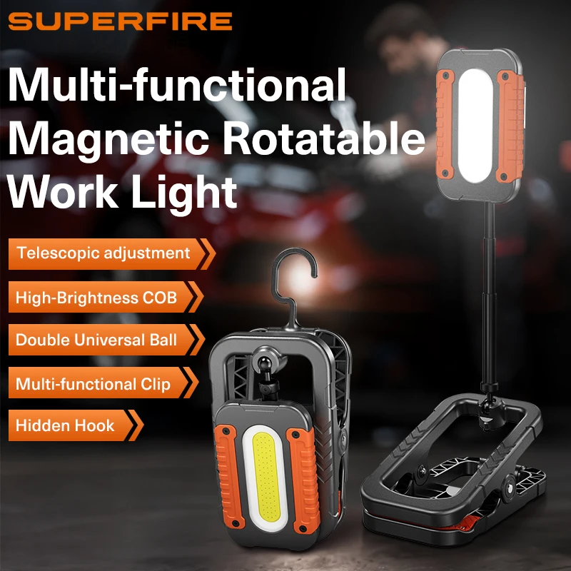 SUPERFIRE CG10 Portable COB Magnetic Work Light Rechargeable LED Flashlight Super Bright Camping Waterproof Car Repair Lamp