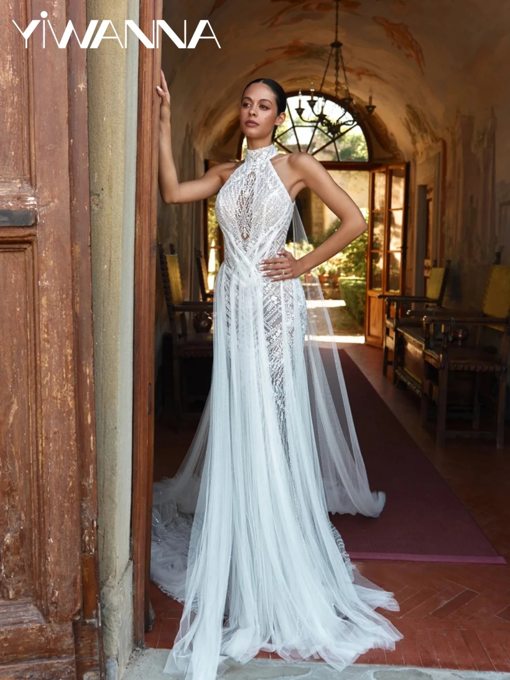Shinny Embroidery Beaded Wedding Dress Attractive Halter Sleeveless Bridal Gown New Customized Luxury Long Dresses For Bride