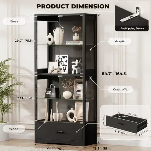 Display Cabinet with Glass Doors, 4-Tier Curio Cabinet with Drawer for Collectibles, Display Case with 3-Color Lights &