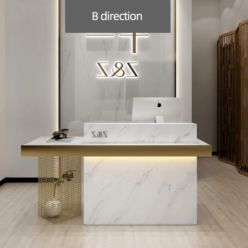 custom.White Marble Reception Desk Table Front Counter Stainless Steel Feet Flower Pot Design Bar Reception Desk