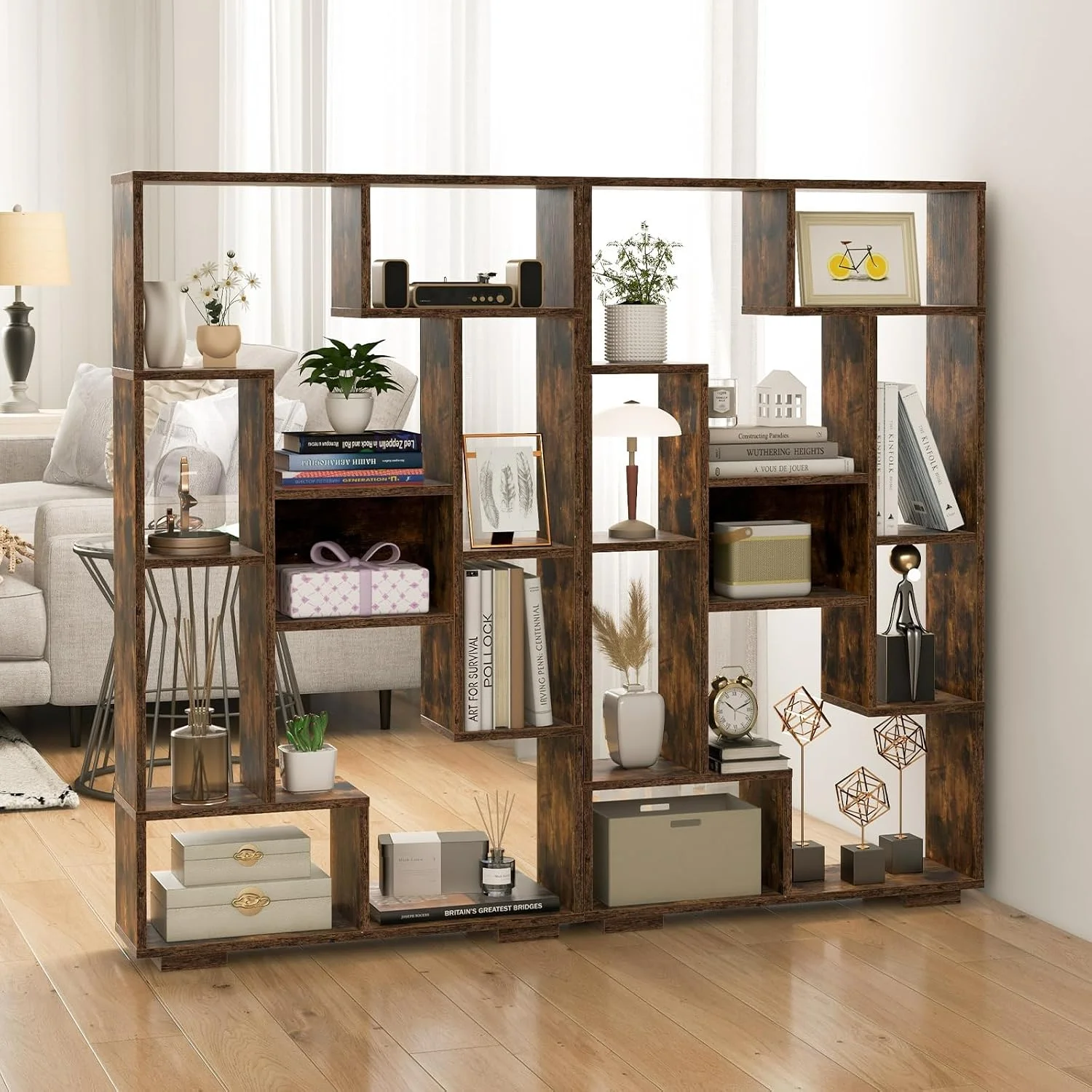 120 cm großes Bücherregal mit 9 Fächern, Standregal, Raumteiler, Mehrzweckregal, Holz, Lagerregal mit Neigungsschutz – Detail 8