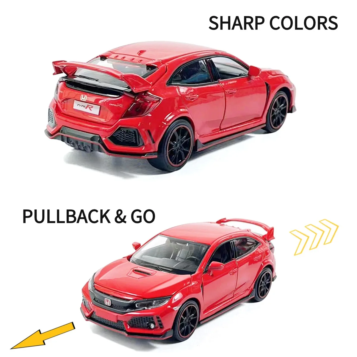 Scale 1:32 Honda Civic Pullback Car Toy with Lights Engine Sound, Metal Diecast Car Model Miniature Gift Kid Boy Toy