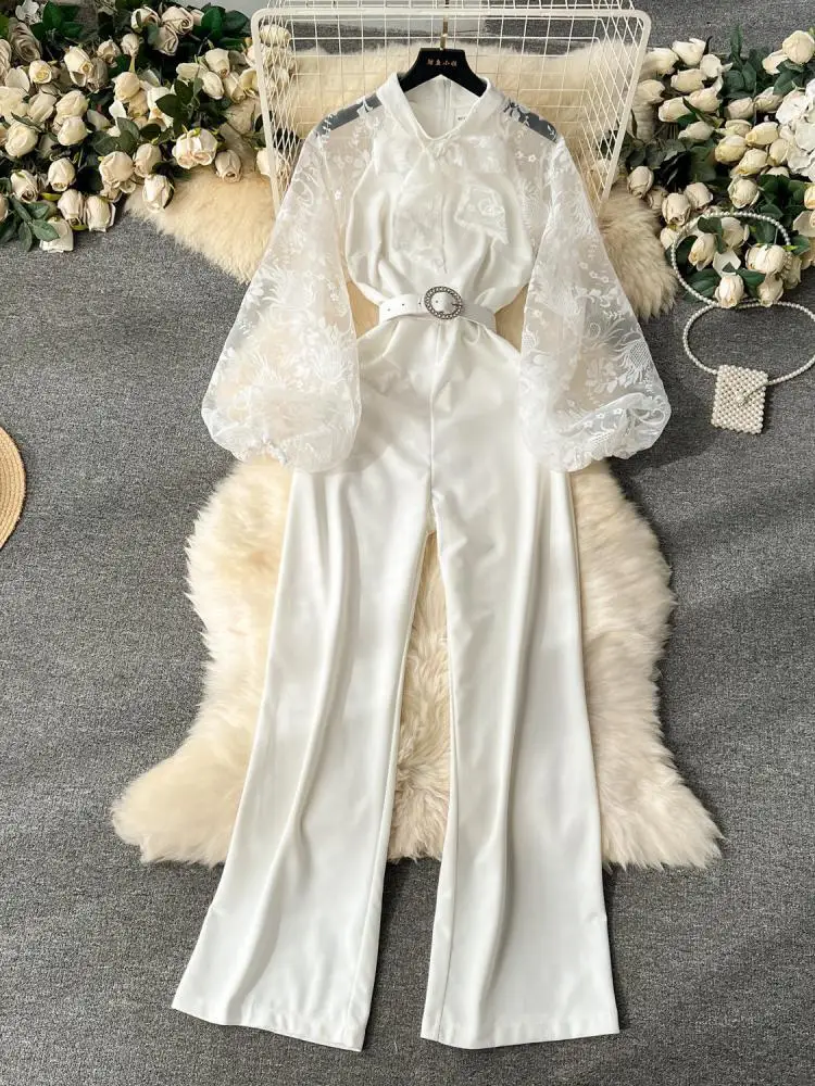 High Quality Black Lace Embroidery Bow Collar Slim Jumpsuit Women Autumn White Elegant Long Sleeve Wide Leg Bodysuit Pant French