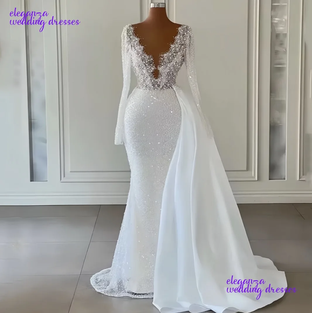 فساتين زفاف حورية البحر الكلاسيكية المخصصة للنساء رقبة شفافة لؤلؤ ترتر فستان زفاف بأكمام طويلة فستان سويب تراين