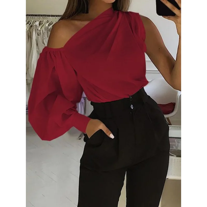 Celmia Asymmetrical Blouse Women 2023 Summer Off Shoulder Blusas Elegant Lantern Long Sleeve Shirt Fashion Ladies Party Tops