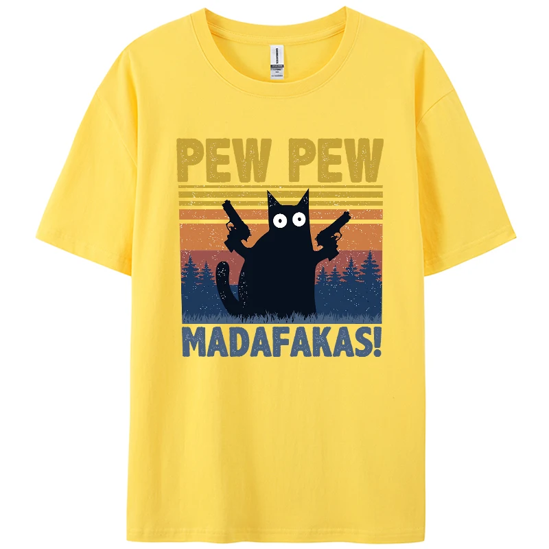 Pew Pew Madafakas Eine Katze hält eine Pistole Print T-Shirt Mann bequemes O-Ausschnitt T-Shirt Baumwolle All-Match Top Sommer lässig Kurzarm