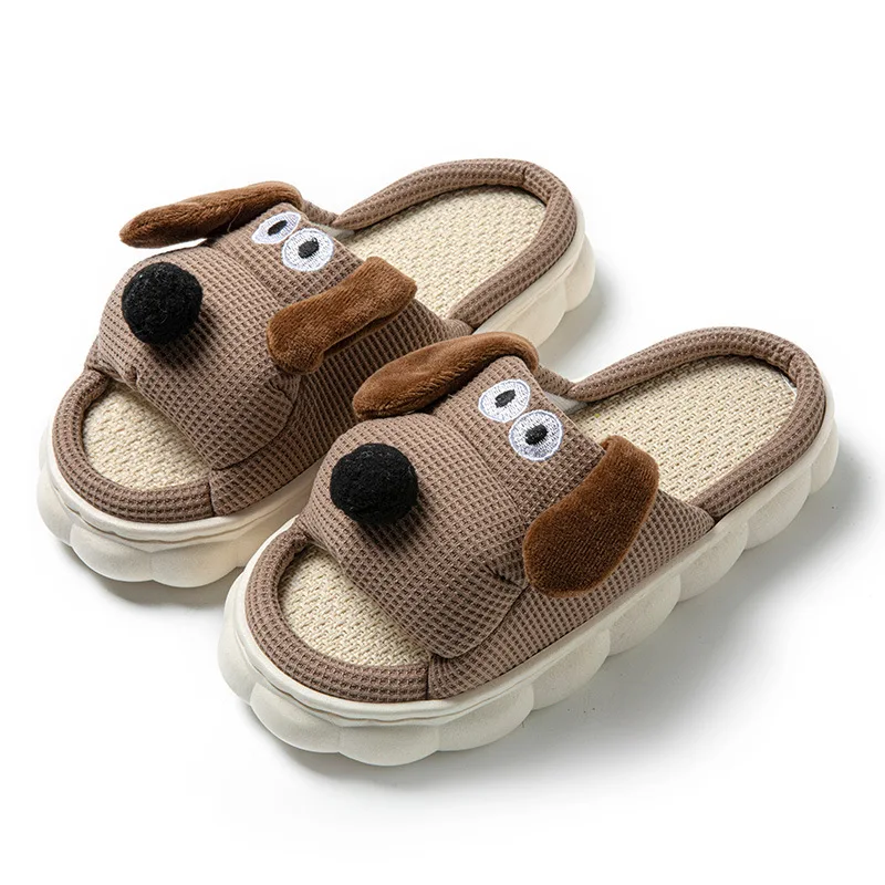 الجملة النعال النسائية أزياء السيدات الناعمة عارضة لطيف الكلب نمط تصميم مريح الإناث مريحة الكتان النعال المنزل