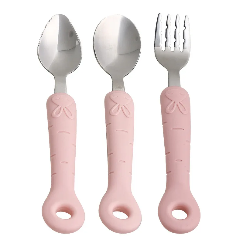 Rabbit Kids Fork Stainless Steel Children\'s Small Spoon Cartoon Pattern Baby Feeding Spoon and Fork Portable Box Tableware Set