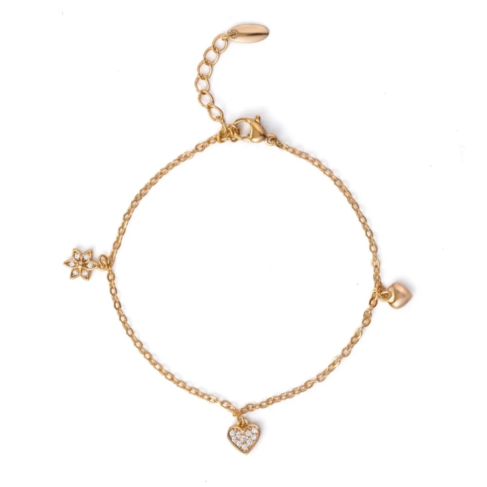 

Браслет с подвесками из розового золота с кубическим цирконием в форме сердца и звезды, регулируемая цепочка из меди с O-образными звеньями, 17+3 см.