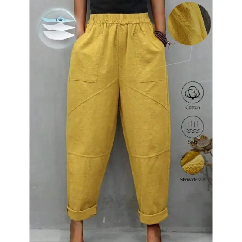 

Autumn New Sle Bots Women's Elastic Waist Pure Color Cone Loose Casual Pants Vintage Ciwalk Nine Points Pants
