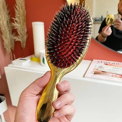 Peigne de massage du cuir chevelu pour femme, poignées en poils de sanglier, brosse à cheveux bouclée, outils de coiffage