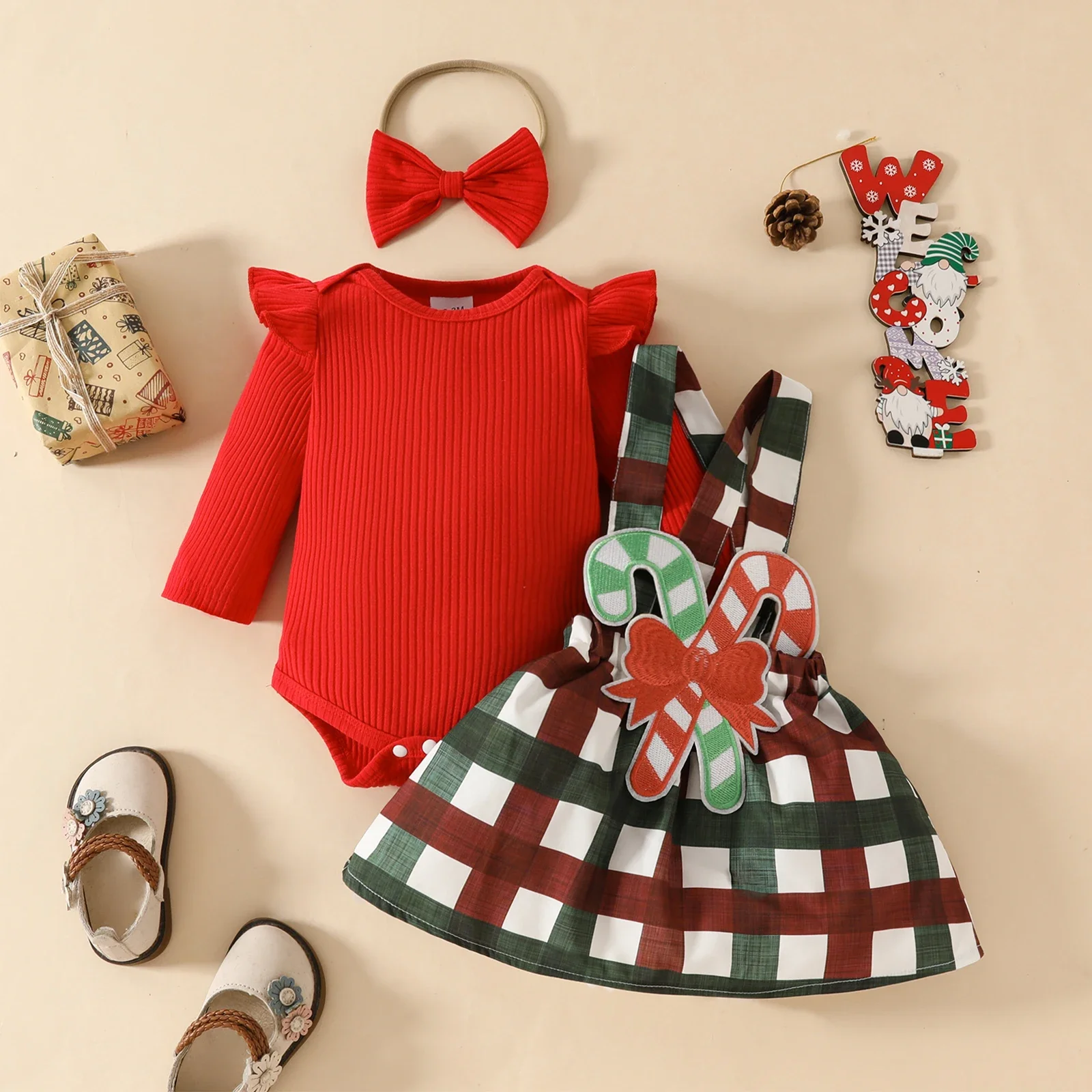 Baby Girl Christmas Outfit Ruffle Long Sleeve Ribbed Romper Candy Cane Patch Suspender Skirt Bow Headband