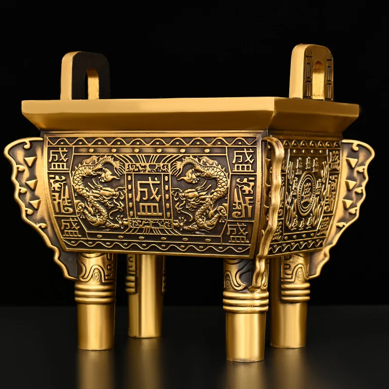 Solid Brass Square Tripod Ornament Sheng Double Dragon Bao Ding Prosperity Eternal Home Office Bookshelf Decoration Cr