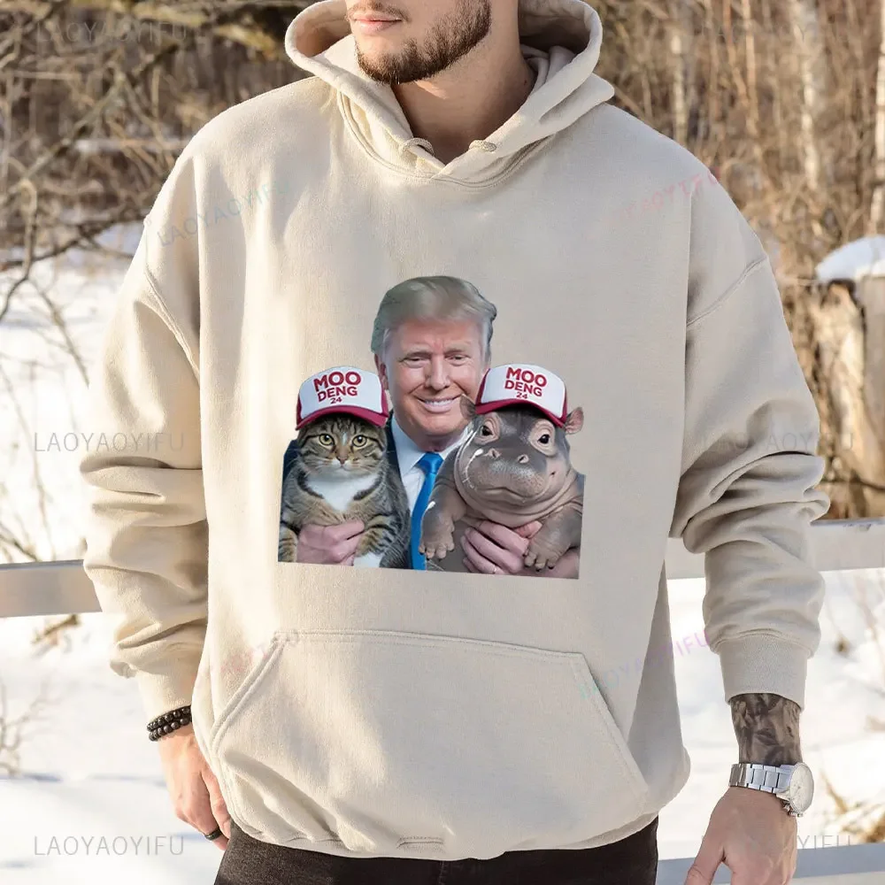 Trump Holds Moo Deng's Hippo Hoodie Men Women's Vintage Hoody MAGA Fall/Winter Comfort Drop-shoulder Sleeve Sweatshirt