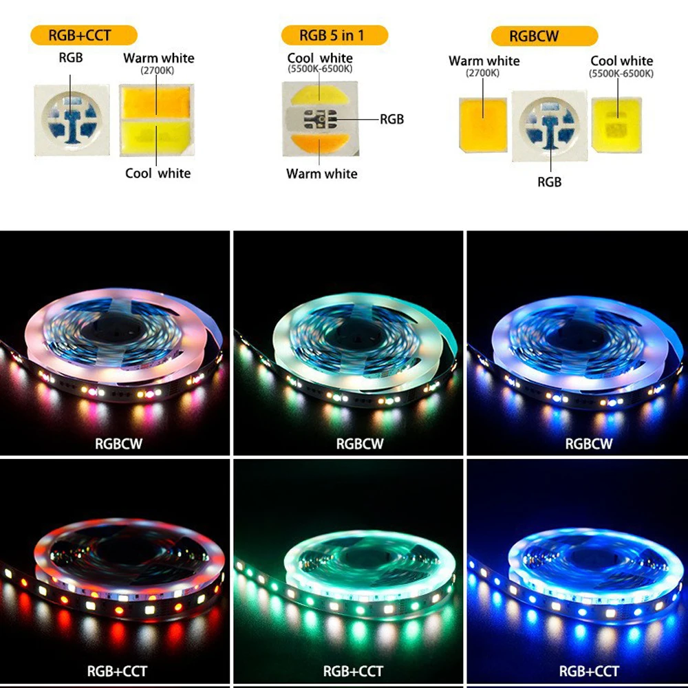 Chip de luces de tira LED RGB DC 12V 24V 60LED/m 5m 5050 RGBW RGBWW 4 en 1 RGBCCT IP20 IP65 IP67 cinta impermeable iluminación de cinta