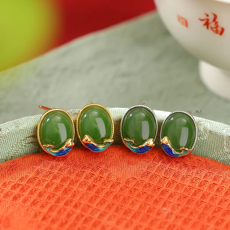 S925 Gold-Plated Hetian Jade And Agate Style Enamel Carp-Shaped Stud Earrings Silver Jewelry